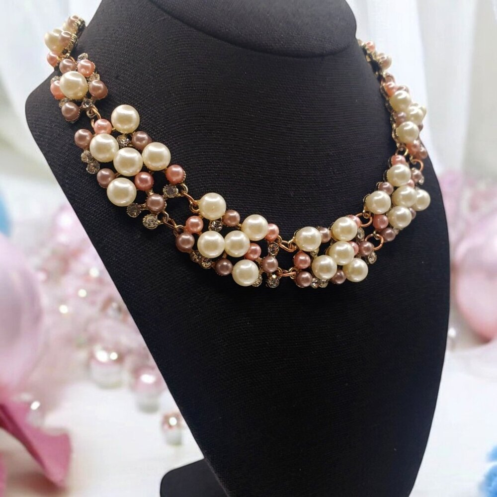 RetroPink, Lavendar & Cream Faux Pearls, Rose Gold Tone Chain Statement Necklace